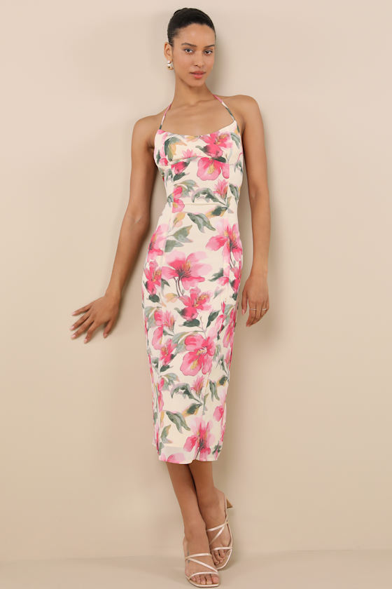 Lulus Harleigh Light Yellow Floral Column Halter Midi Dress
