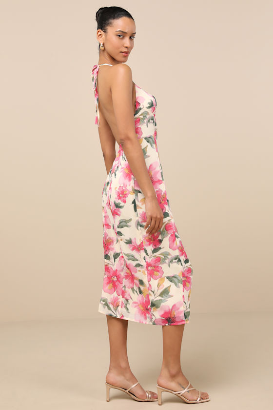 Lulus Harleigh Light Yellow Floral Column Halter Midi Dress