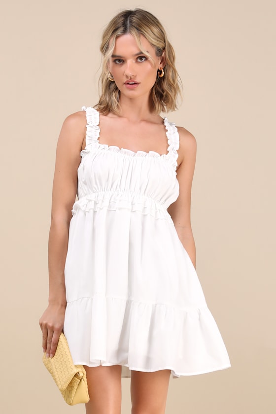 overdue flair★韓国★大人気★BABYDOLL MINI DRESS_PURE WHITE White Poplin Dress - Tiered Babydoll Dress - Ruffled Mini