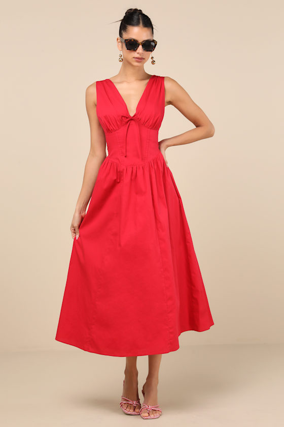 LULUS LETTIE RED POPLIN PLUNGE NECK MIDI DRESS 