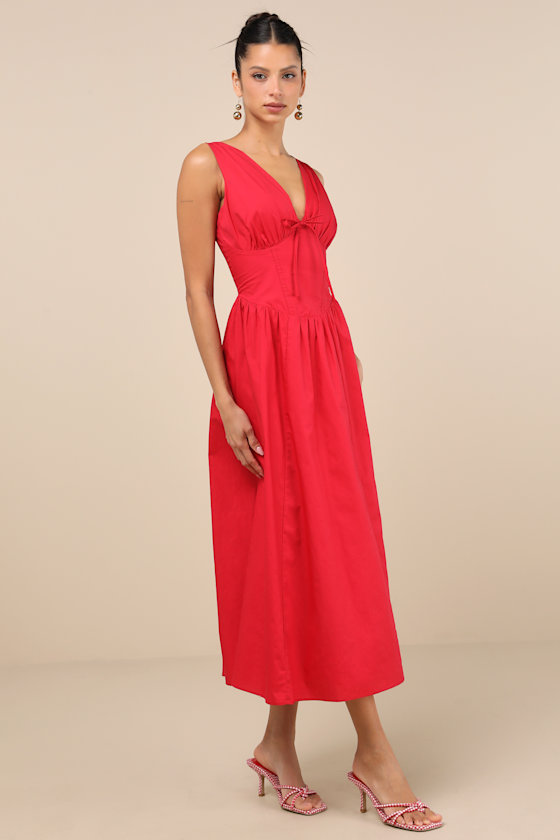 LULUS LETTIE RED POPLIN PLUNGE NECK MIDI DRESS 