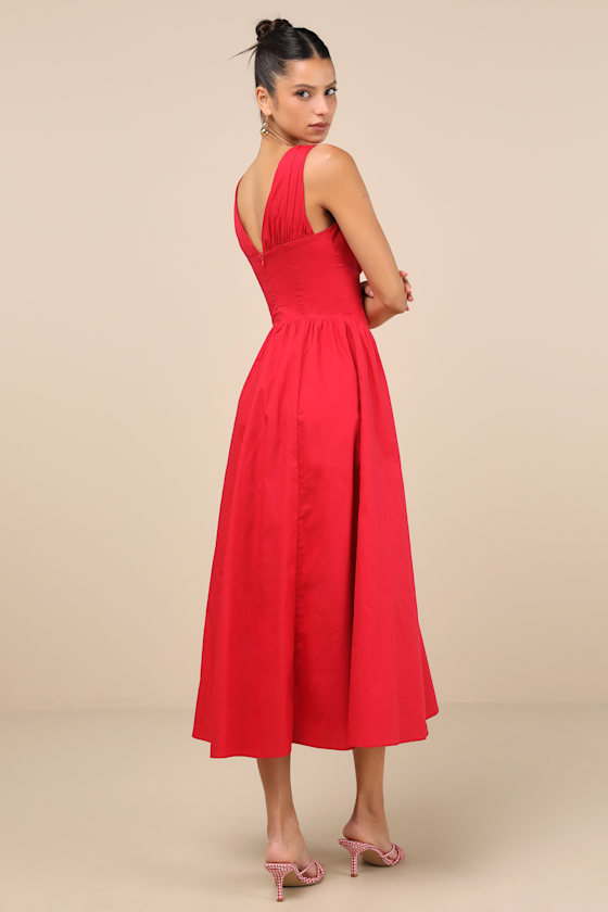 LULUS LETTIE RED POPLIN PLUNGE NECK MIDI DRESS 