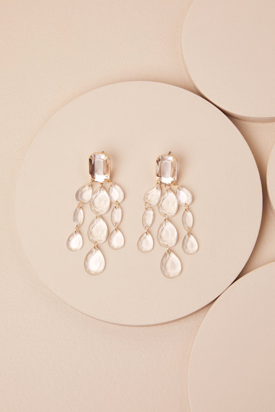 LULUS MARVELLA GOLD AND CLEAR RHINESTONE STATEMENT EARRINGS