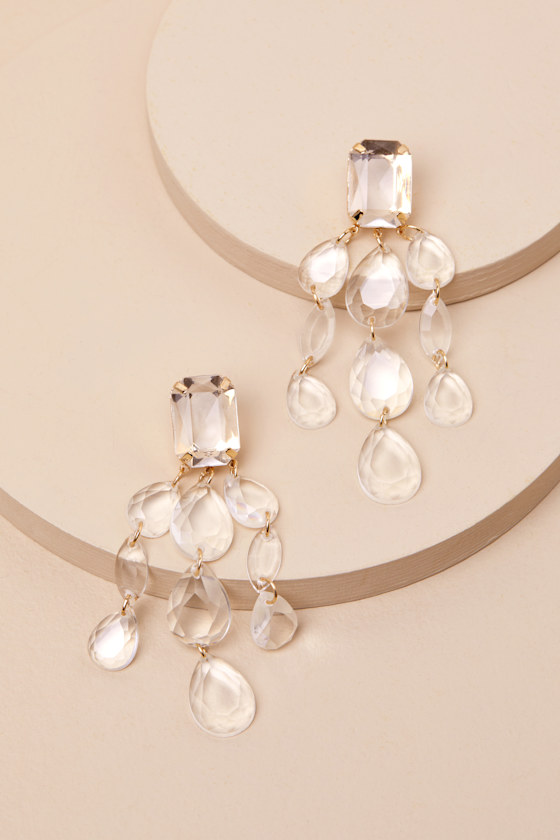 LULUS MARVELLA GOLD AND CLEAR RHINESTONE STATEMENT EARRINGS