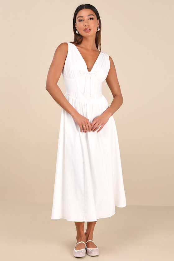 Shop Lulus Lettie White Poplin Plunge Neck Midi Dress