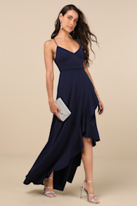 Caryl Dark Navy Ruffled Tulip High-Low Maxi Dress