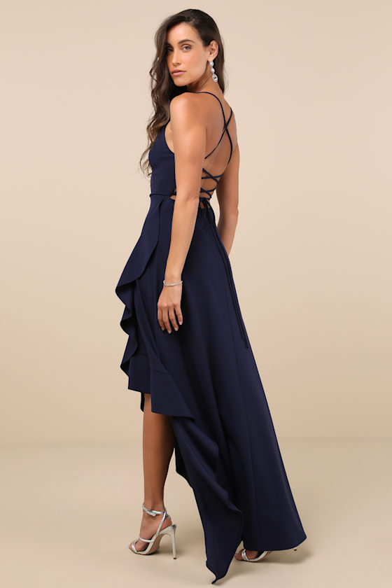 Lulus Caryl Dark Navy Ruffled Tulip High-low Maxi Dress In Navy
