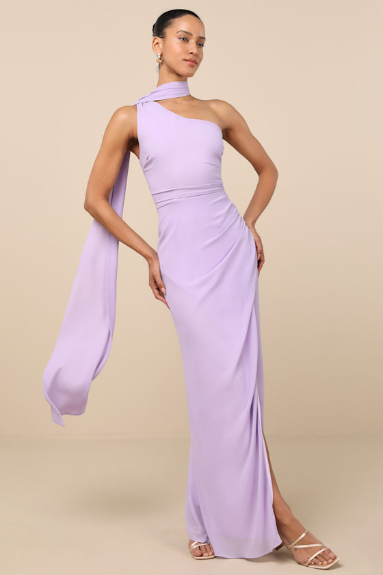 Lulus Adeline Lavender One-shoulder Scarf Maxi Dress In Purple