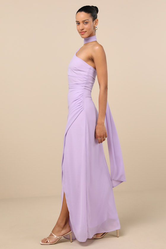 Lulus Adeline Lavender One-shoulder Scarf Maxi Dress In Purple