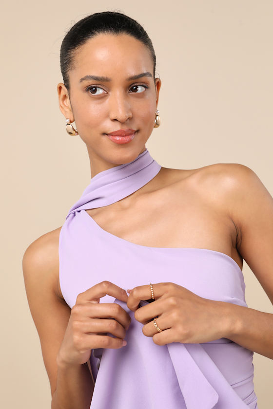 Lulus Adeline Lavender One-shoulder Scarf Maxi Dress In Purple