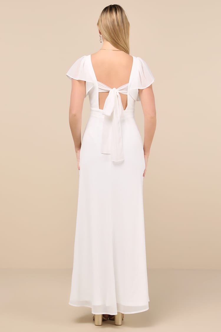 Simply Delightful White Tie-Back Flutter Sleeve Maxi Dress