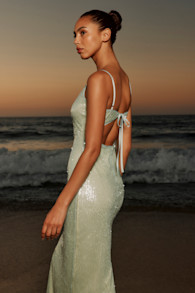 Cahya Mint Green Sequin Tie-Back Midi Dress
