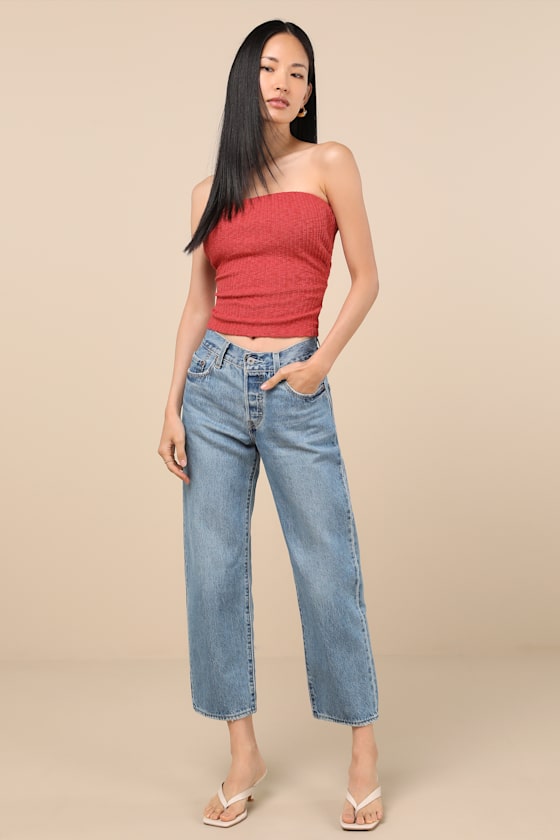 LULUS LAUTARO RUST RIBBED STRAPLESS CROP TOP 
