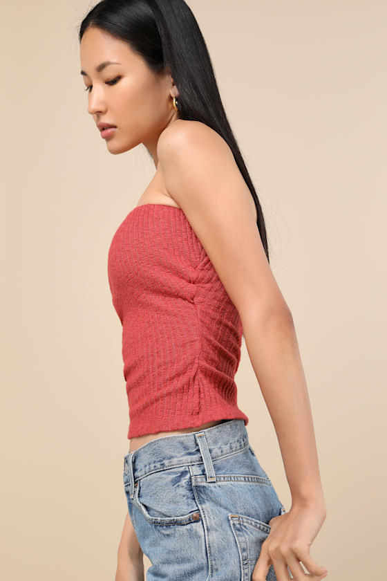 LULUS LAUTARO RUST RIBBED STRAPLESS CROP TOP 