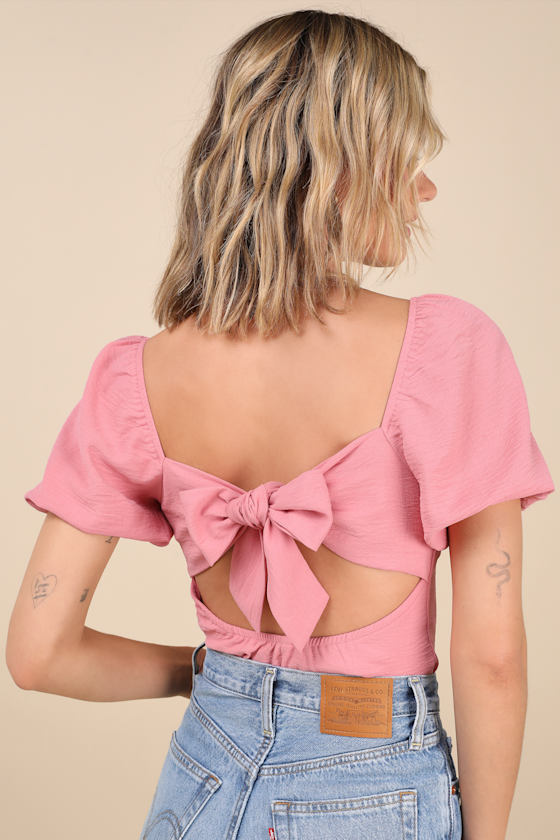 Lulus Abundance Of Love Pink Textured Puff Sleeve Tie-back Bodysuit In Pink
