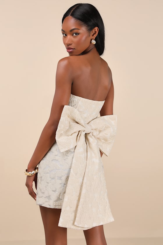Lulus Aurelius Champagne Jacquard Strapless Bow Mini Dress In Champagne