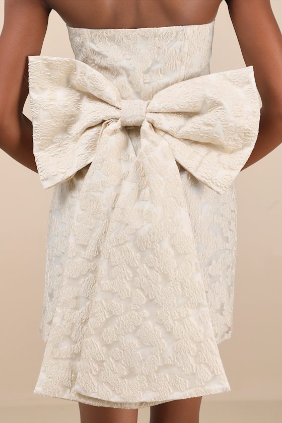 Lulus Aurelius Champagne Jacquard Strapless Bow Mini Dress In Champagne