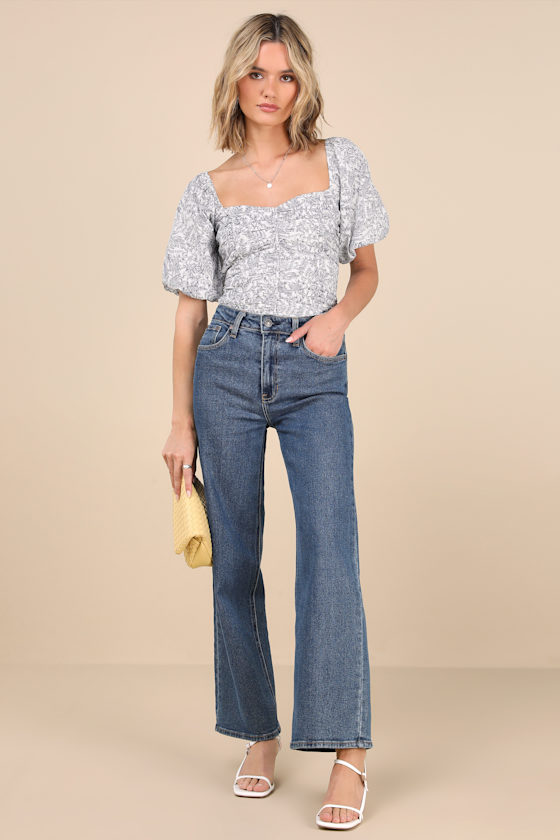Lulus Erminia White Toile Print Ruched Puff Sleeve Top In White