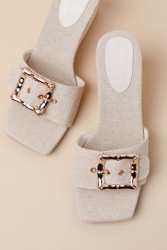 Billini Giavanna Wheat Linen Raffia Buckle Wedge Sandals In Beige