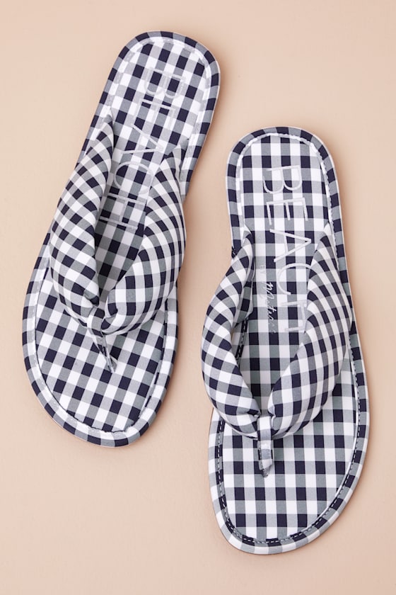 Beach By Matisse Gidget Navy Gingham Flat Thong Sandals In Navy
