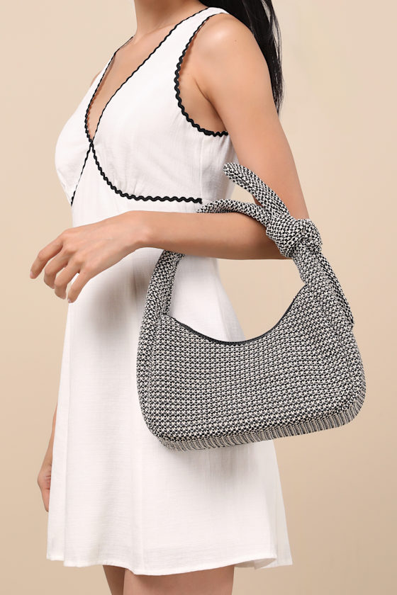 Lulus Caylana Black And White Woven Knotted Handbag In Black And White