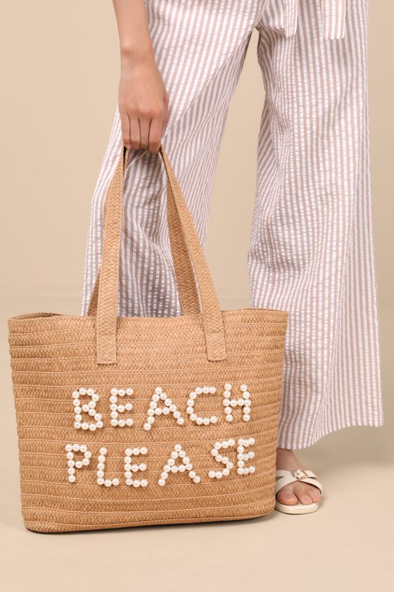 Lulus Beach Please Beige Raffia Pearl Tote Bag In Beige