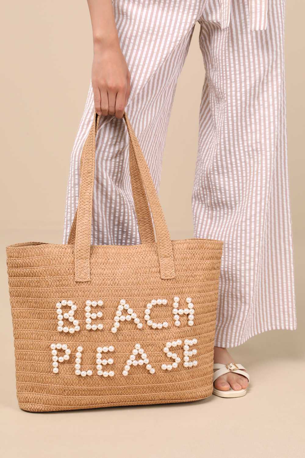 Beach Please Beige Raffia Pearl Tote Bag