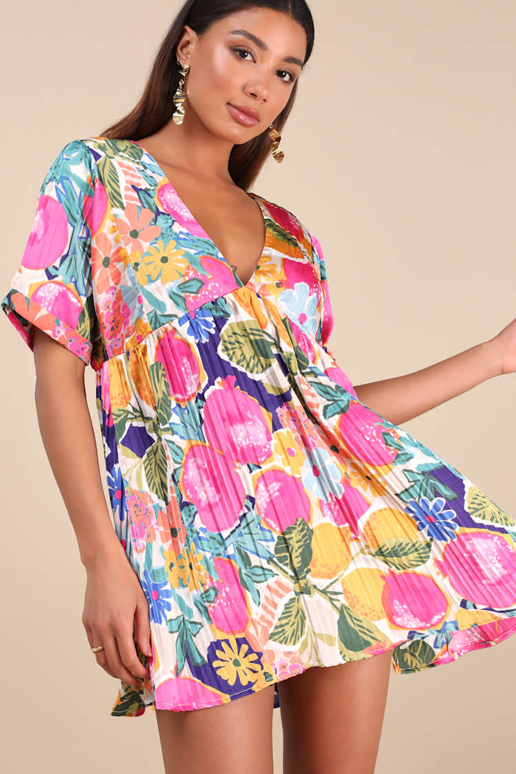 Pink Floral Print Dress - Babydoll Dress - Floral Satin Dress - Lulus Pink Floral Print Dress - Babydoll Dress - Floral Satin Dress - Lulus