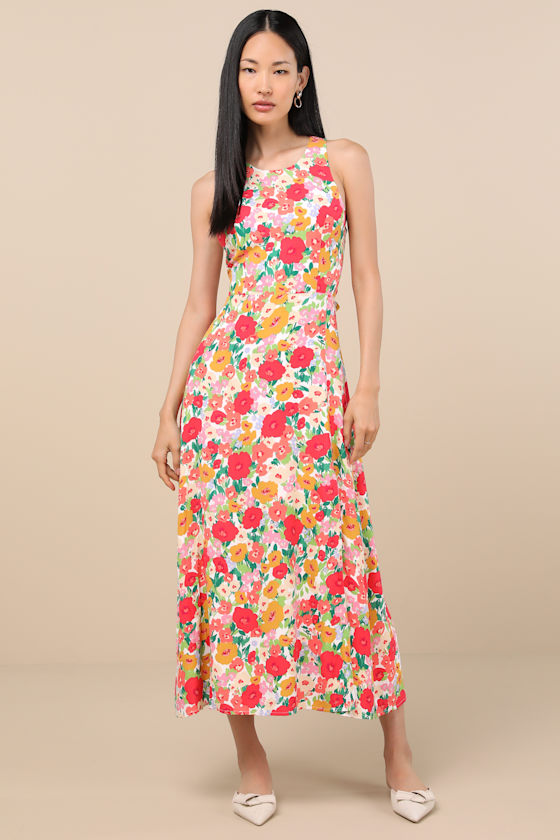 LULUS FLIRTY FAVE WHITE MULTI FLORAL PRINT TIE-BACK MIDI DRESS