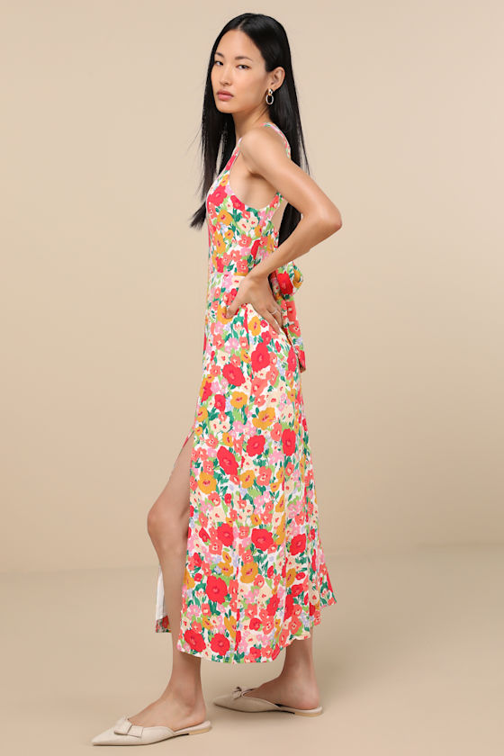 LULUS FLIRTY FAVE WHITE MULTI FLORAL PRINT TIE-BACK MIDI DRESS