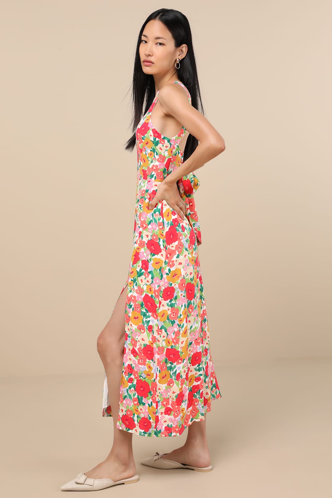 Flirty Fave White Multi Floral Print Tie-Back Midi Dress