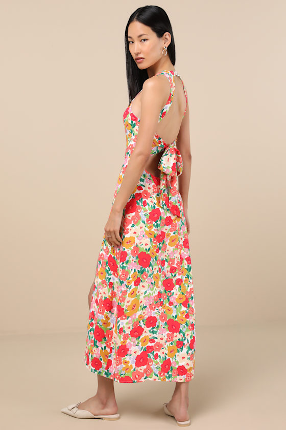LULUS FLIRTY FAVE WHITE MULTI FLORAL PRINT TIE-BACK MIDI DRESS