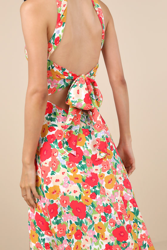 LULUS FLIRTY FAVE WHITE MULTI FLORAL PRINT TIE-BACK MIDI DRESS