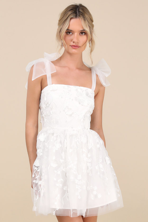 Lulus Classic Romance White 3d Floral Applique Tie-strap Mini Dress In White