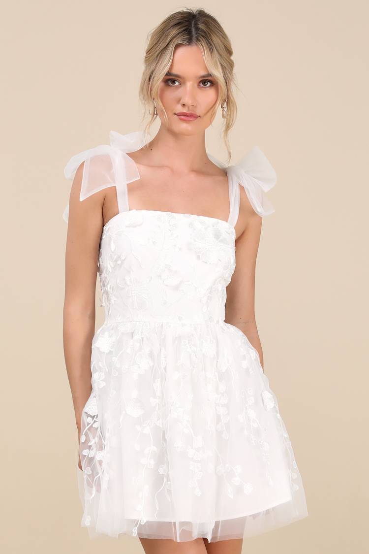 Classic Romance White 3D Floral Applique Tie-Strap Mini Dress
