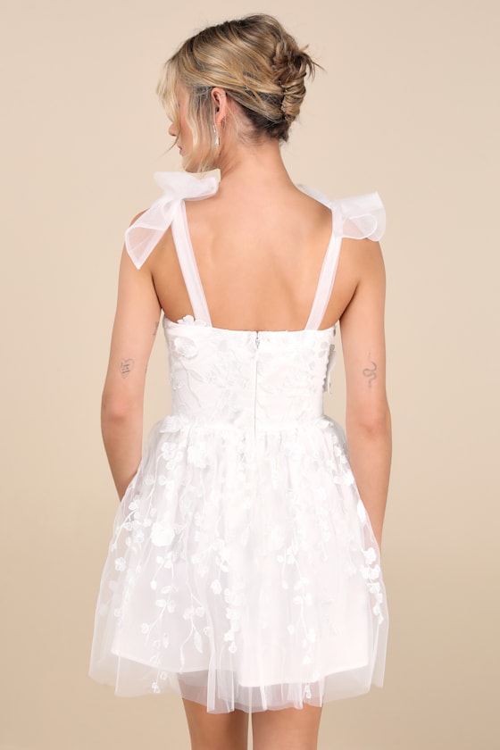 Lulus Classic Romance White 3d Floral Applique Tie-strap Mini Dress In White