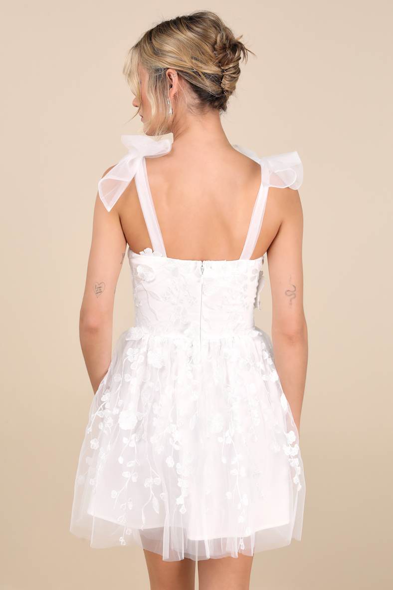 Classic Romance White 3D Floral Applique Tie-Strap Mini Dress