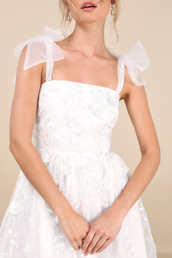 Lulus Classic Romance White 3d Floral Applique Tie-strap Mini Dress In White