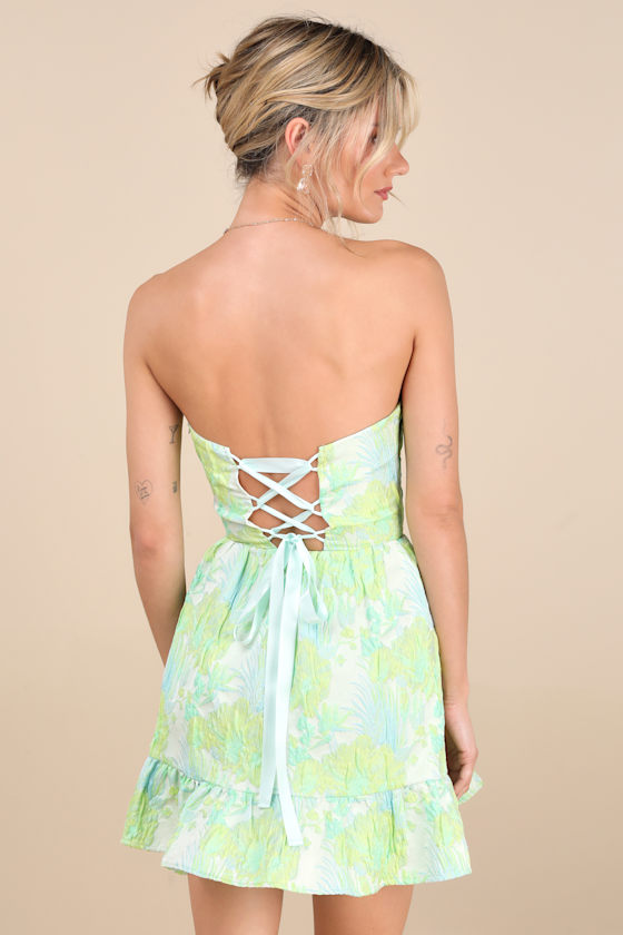 LULUS ATLIA LIME GREEN JACQUARD BUSTIER MINI DRESS
