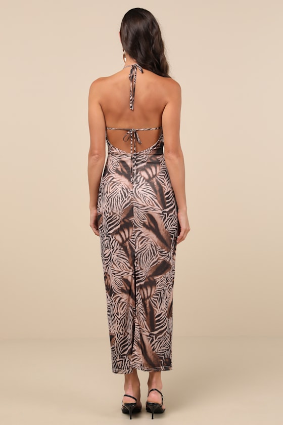 Shop Lulus Camadi Brown Animal Print Mesh Backless Midi Dress