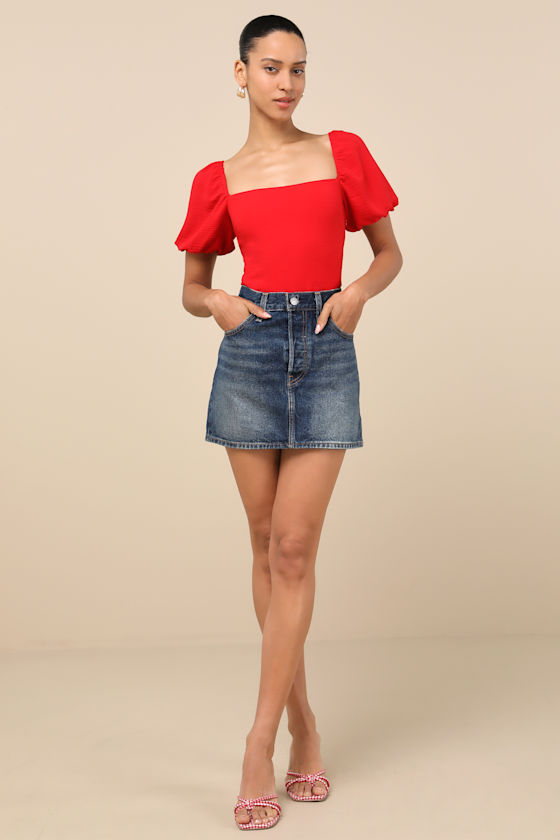 LULUS ABUNDANCE OF LOVE RED TEXTURED PUFF SLEEVE TIE-BACK BODYSUIT