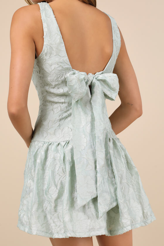 Lulus Exuberant Elegance Light Mint Jacquard Drop Waist Mini Dress In Green