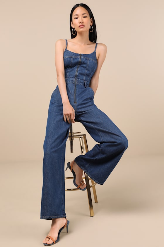 Levi's Bustier Dark Wash Zip-front Wide-leg Jumpsuit In Blue