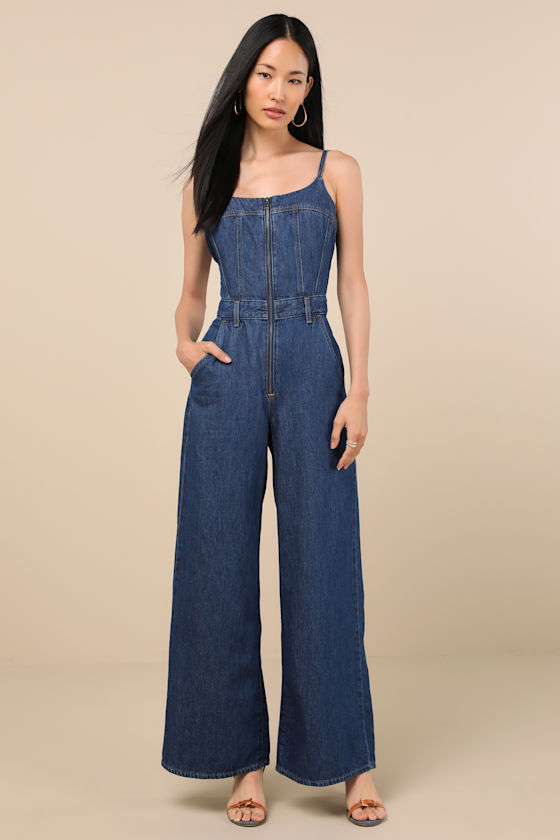 Levi's Bustier Dark Wash Zip-front Wide-leg Jumpsuit In Blue