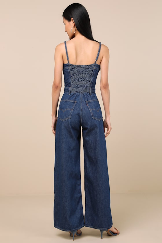 Levi's Bustier Dark Wash Zip-front Wide-leg Jumpsuit In Blue