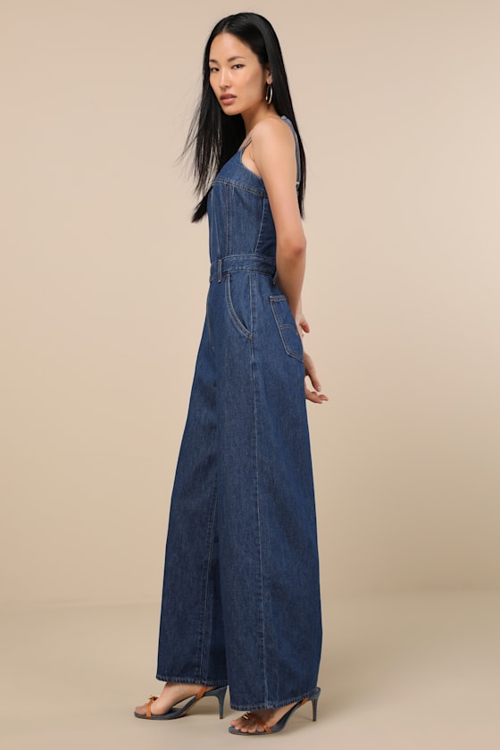 Levi's Bustier Dark Wash Zip-front Wide-leg Jumpsuit In Blue