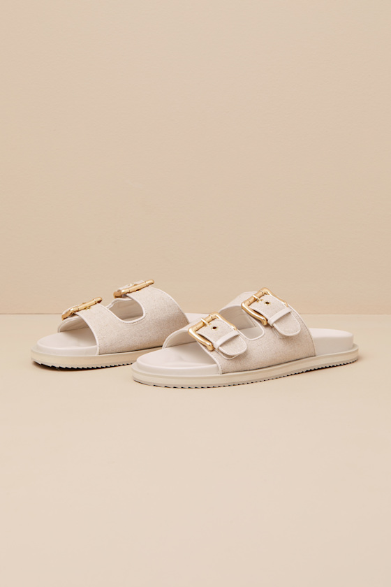 Shop Billini Tenzin Cream Linen Buckle Slide Sandals In White
