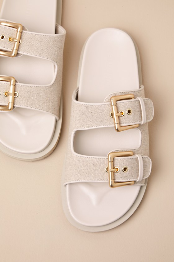 Shop Billini Tenzin Cream Linen Buckle Slide Sandals In White
