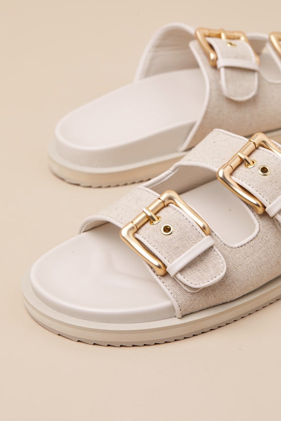 Shop Billini Tenzin Cream Linen Buckle Slide Sandals In White