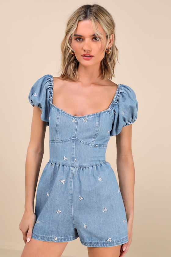 Lulus Feylith Light Wash Denim Embroidered Romper In Blue